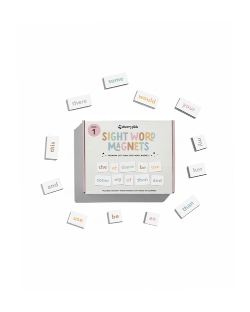 Sight word magnets set with a box on a white background