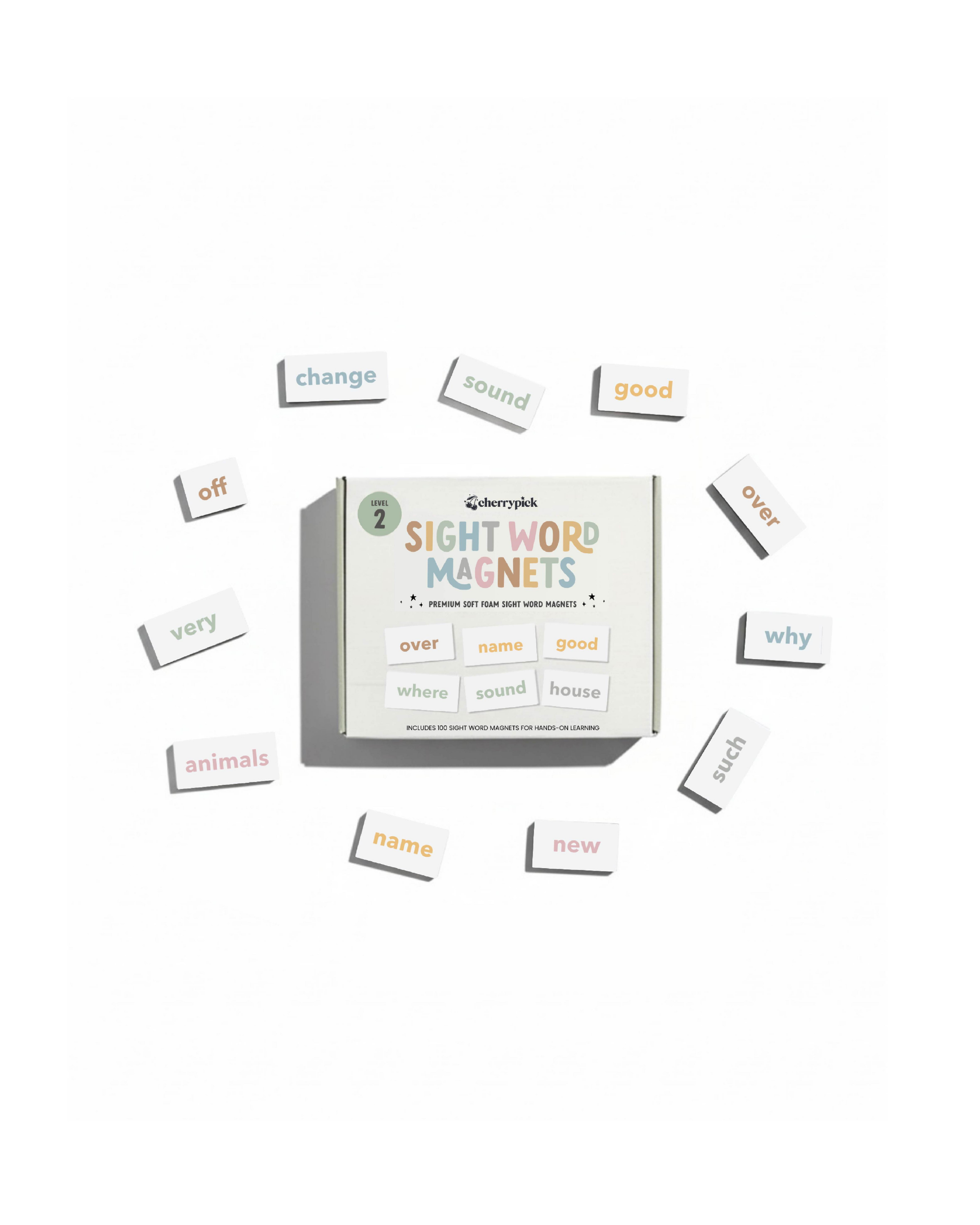 Box of sight word magnets with individual word magnets displayed around it on a white background