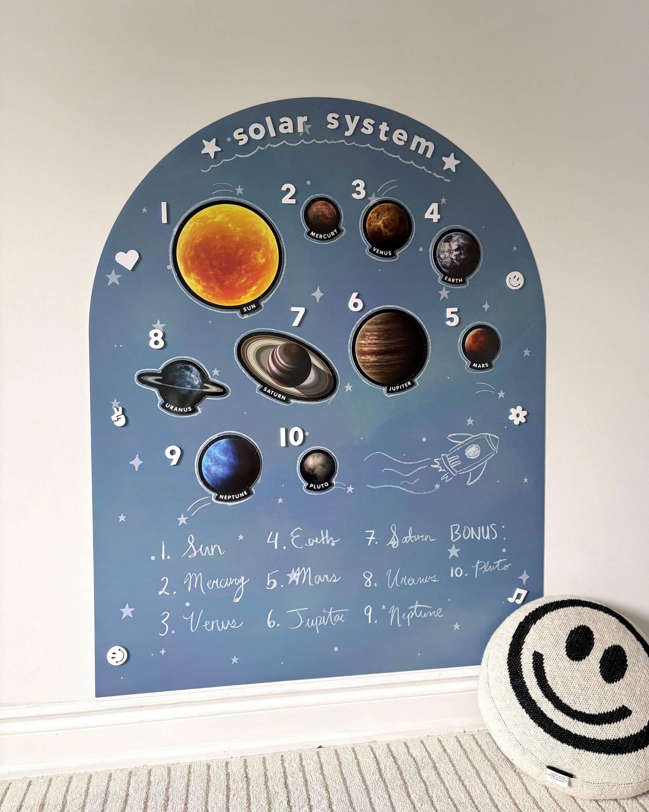 A children's solar system wall chart with numbered planets on a blue arched board, leaning against a white wall above a baseboard. A round black-and-white smiley face pillow sits on the rug in the foreground.