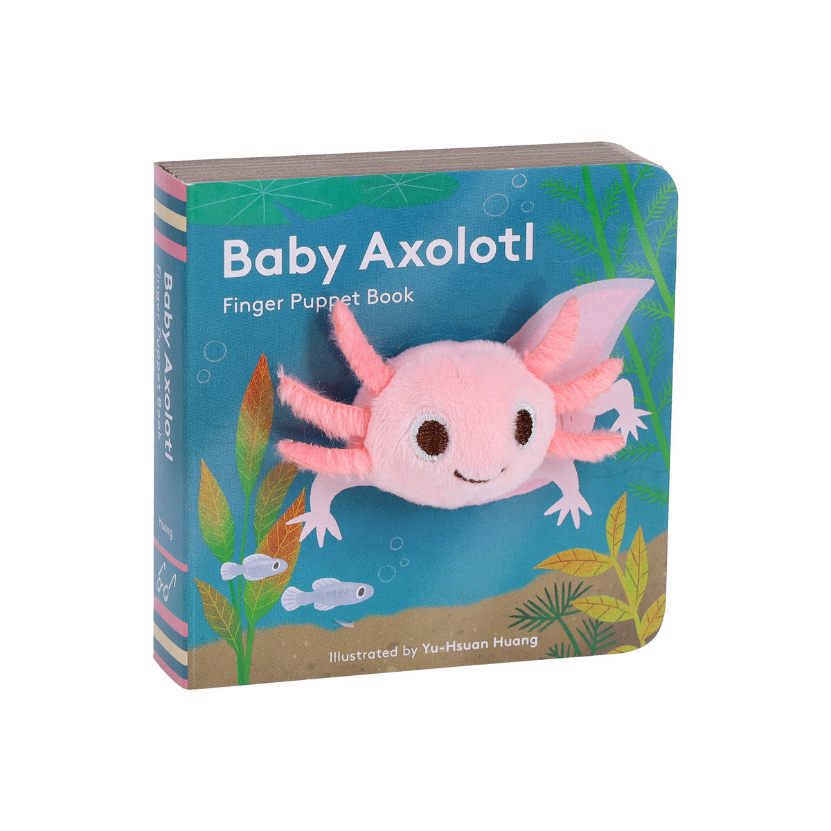 Baby Axolotl finger puppet book with axolotl illustration on a blue background