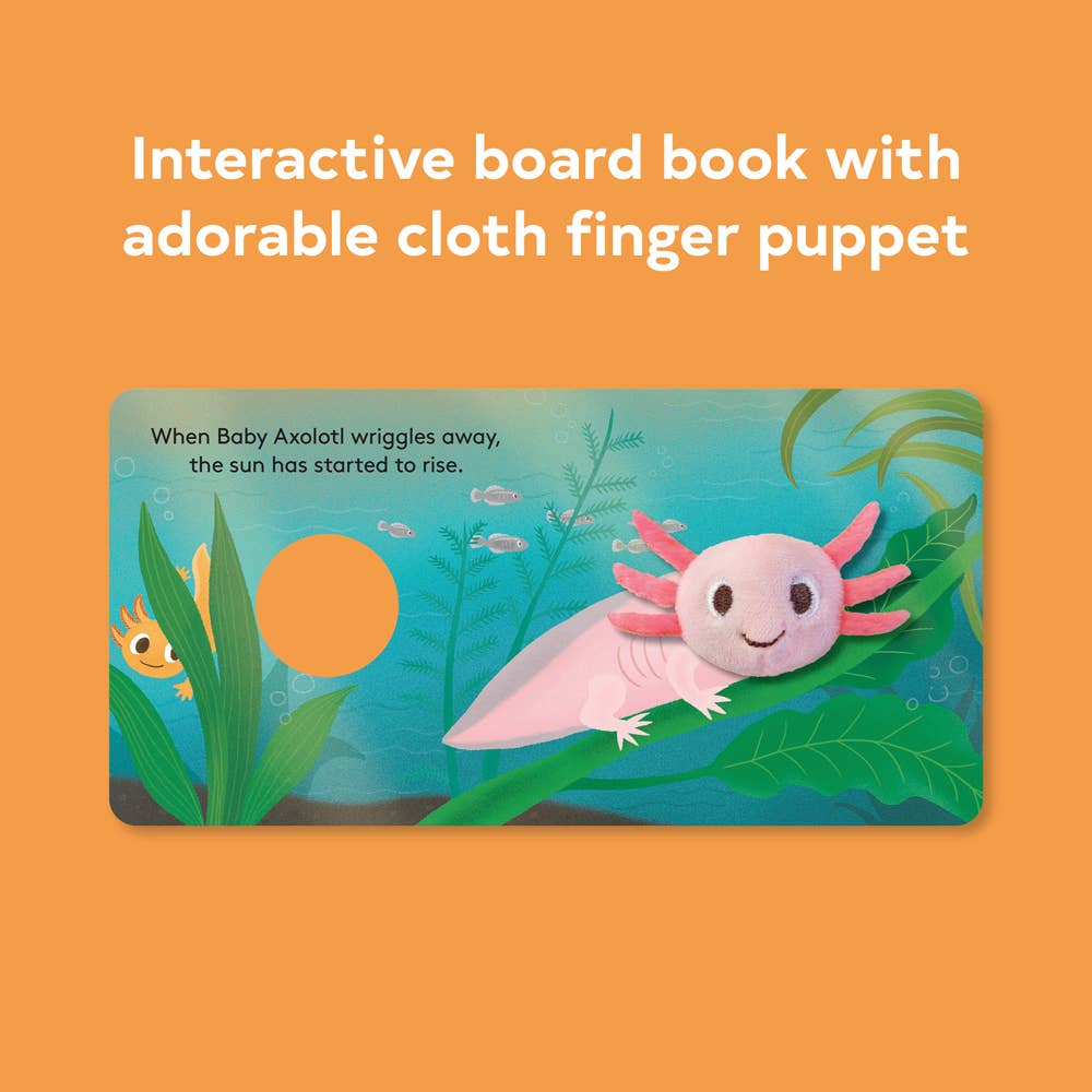 Interactive board book with axolotl finger puppet on an orange background