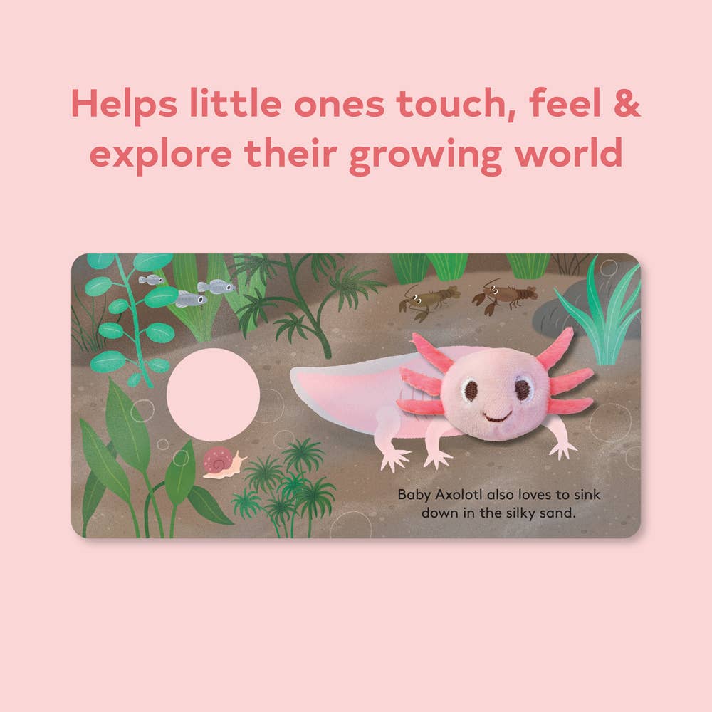 Illustrated axolotl card with text on a pink background