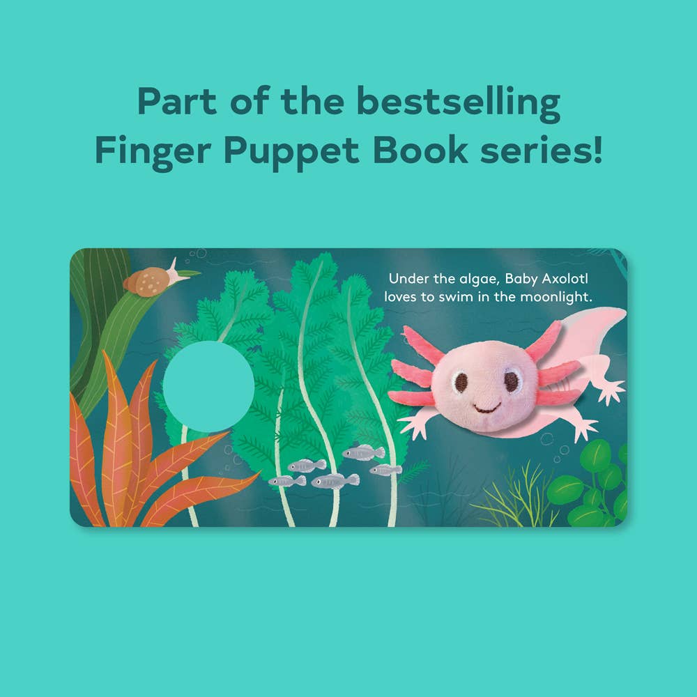 Finger puppet book cover with axolotl illustration on a teal background
