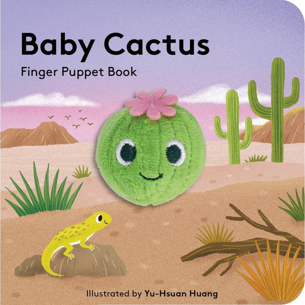 Book cover of 'Baby Cactus' finger puppet book with a green cactus puppet and desert scene illustration.