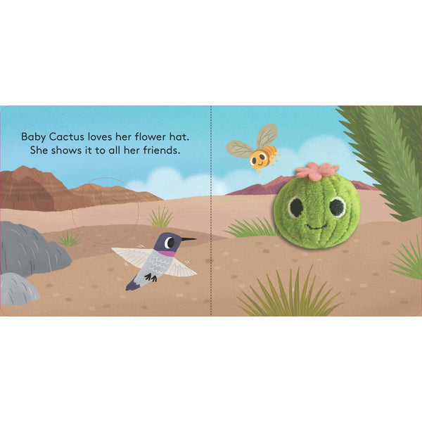 Illustration of a cactus with a flower hat in a desert setting, with text about a baby cactus showing her flower hat to friends.
