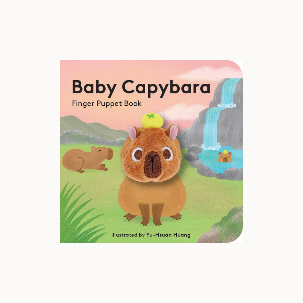 Baby Capybara Finger Puppet Book by Yu-Hsuen Huang, featuring a colorful illustration of a capybara on a soft pink and green cover, shown against a plain white background.