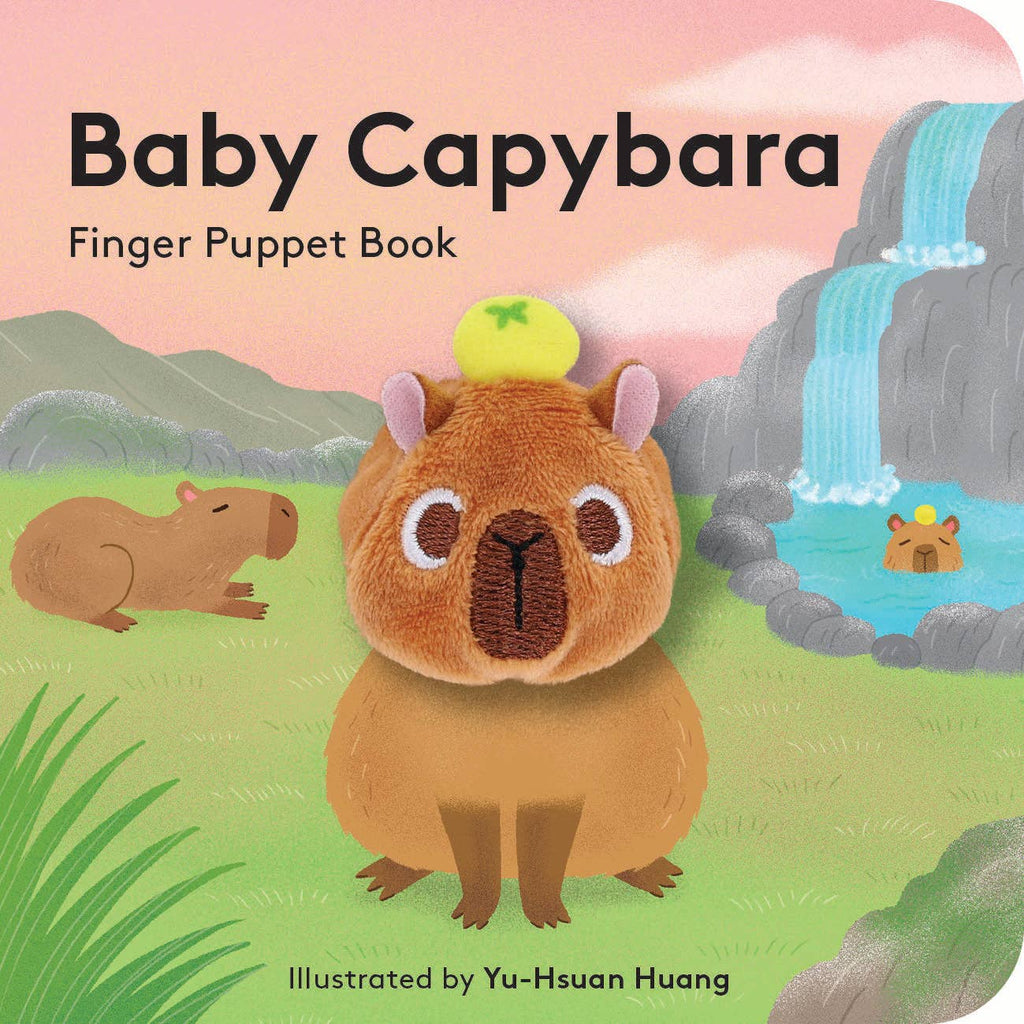 Baby Capybara finger puppet book cover with a capybara illustration and nature background.