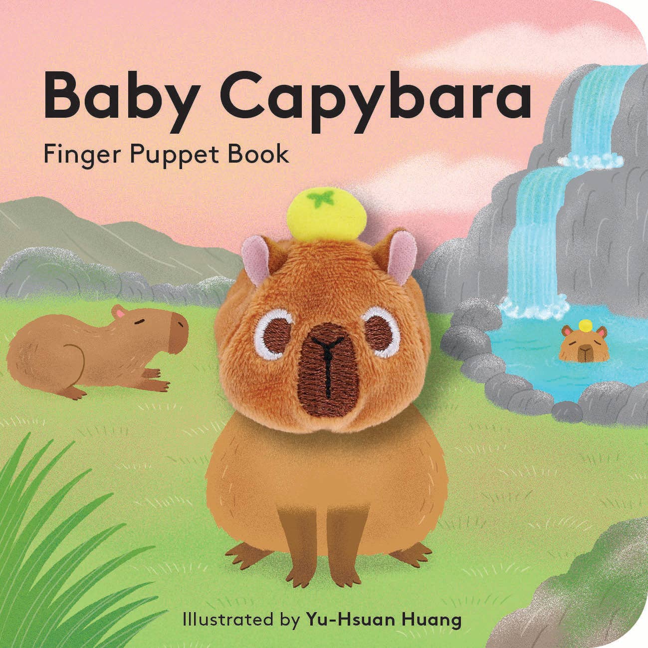Baby Capybara finger puppet book cover with a capybara illustration and nature background.