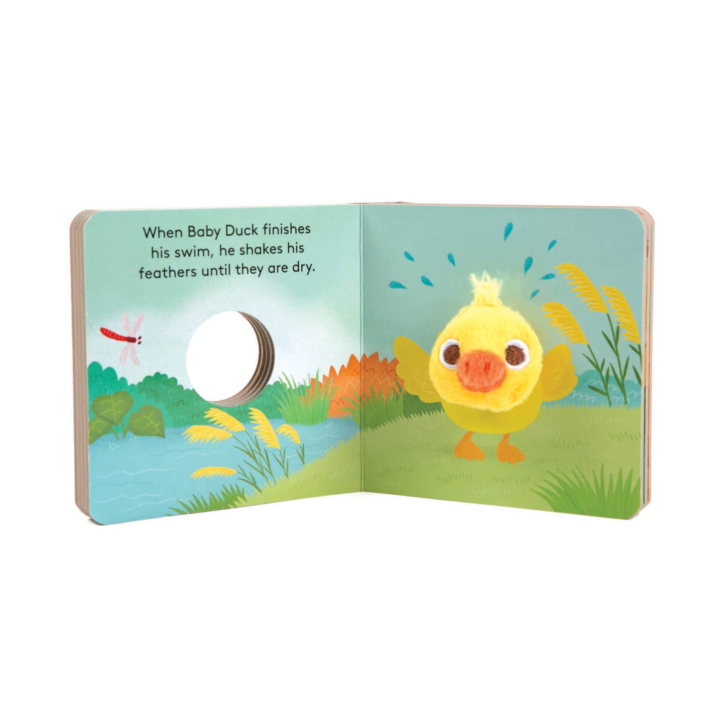 Open book with a cartoon duck on a green background