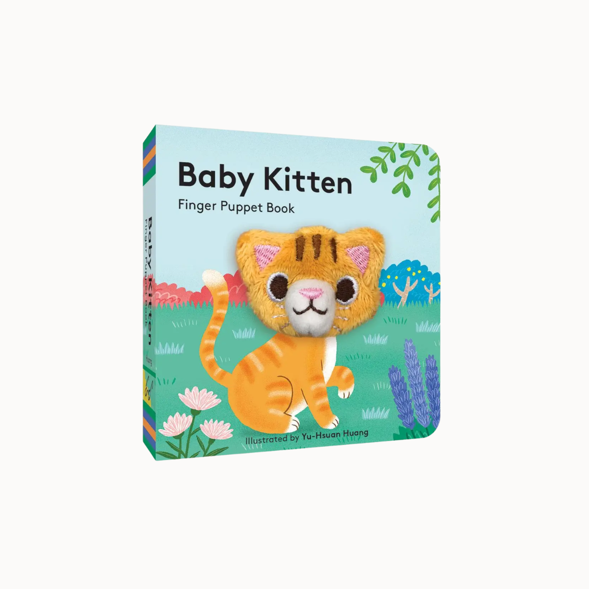 Baby Kitten Finger Puppet Book by To-Hwen Huang, featuring a soft orange kitten puppet on a light blue cover with colorful illustrated flowers and grass.