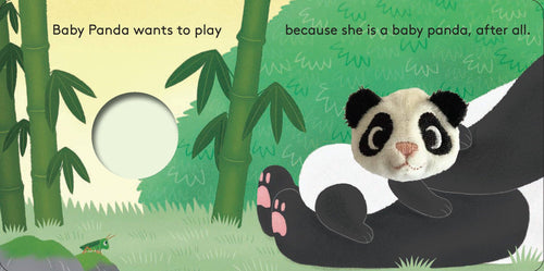 Illustration of a baby panda lying on its back with bamboo trees and a moon in the background.