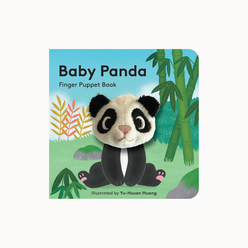 Baby Panda Finger Puppet Book by Yu-Huan Huang, featuring a plush panda toy on a square board book with a bamboo forest illustration.