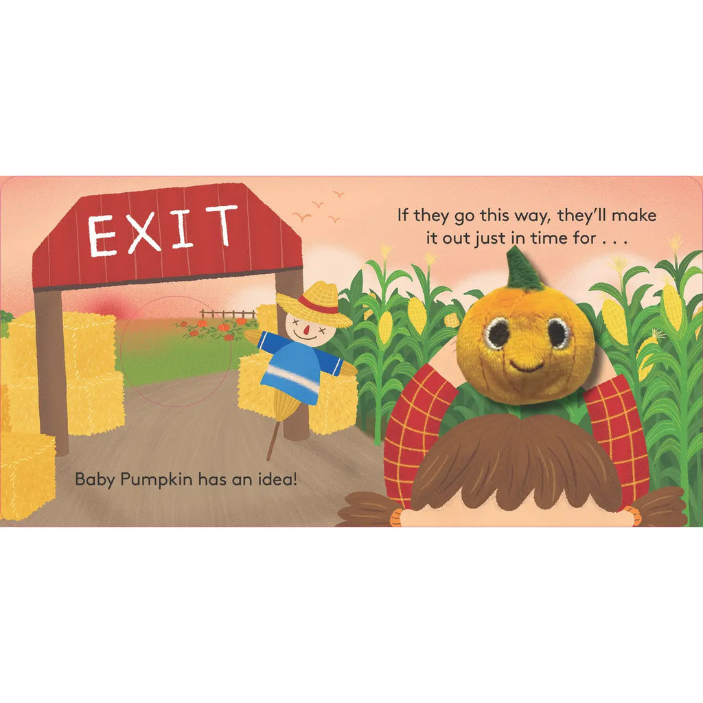 Illustration of a pumpkin character and scarecrow in a cornfield with an 'EXIT' sign in the background.