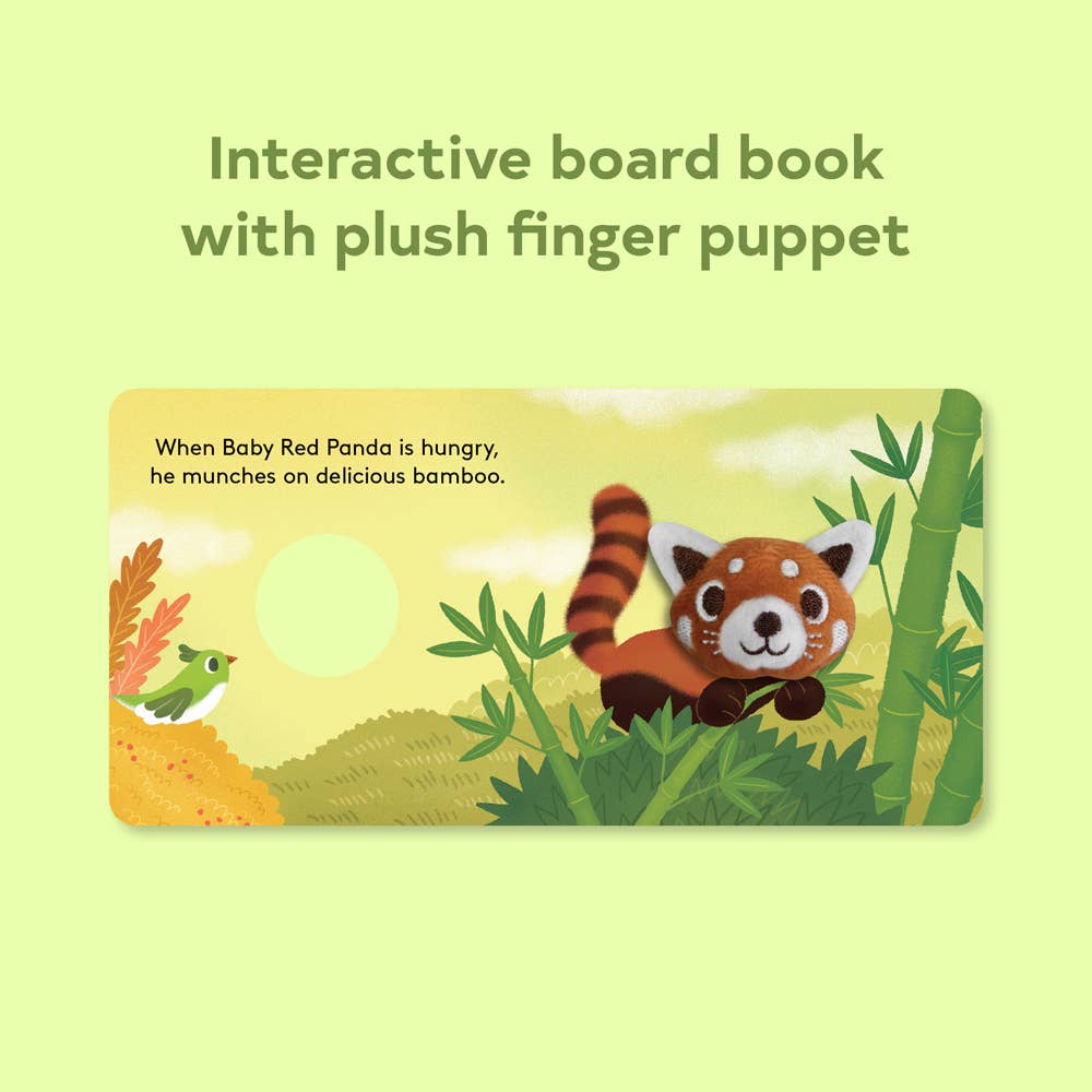 Interactive board book with plush finger puppet of a red panda on a green background