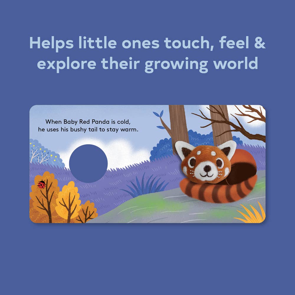 Illustration of a red panda in a forest with text about staying warm.