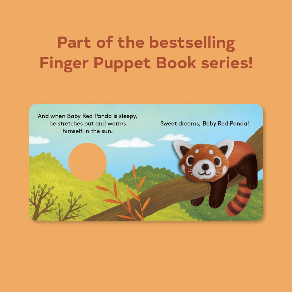 Finger puppet book cover with a red panda on a branch against an orange background