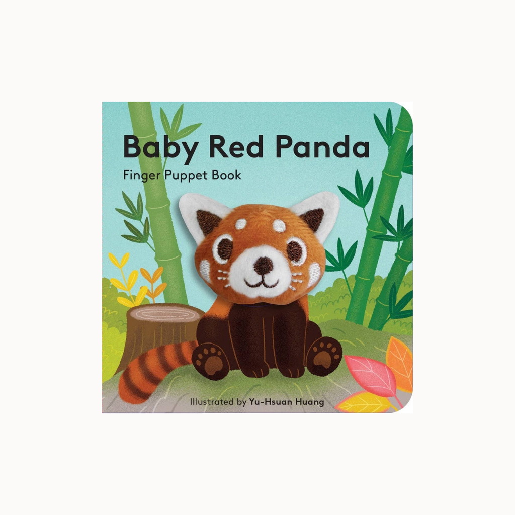 Baby Red Panda Finger Puppet Book with a colorful cover illustration of a red panda sitting among bamboo trees, photographed on a clean white background.