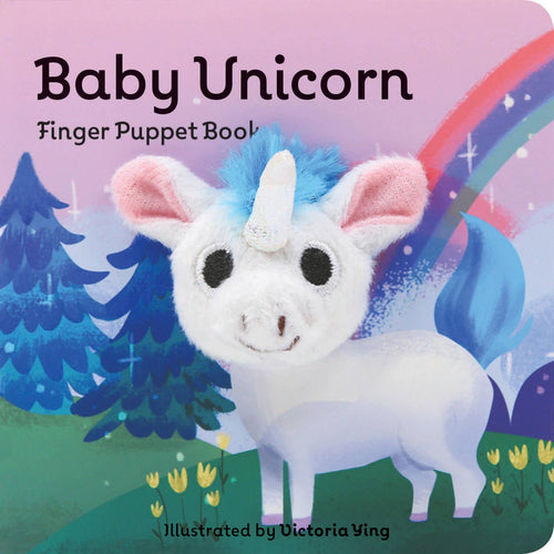 Baby Unicorn finger puppet book cover with a unicorn and rainbow illustration.