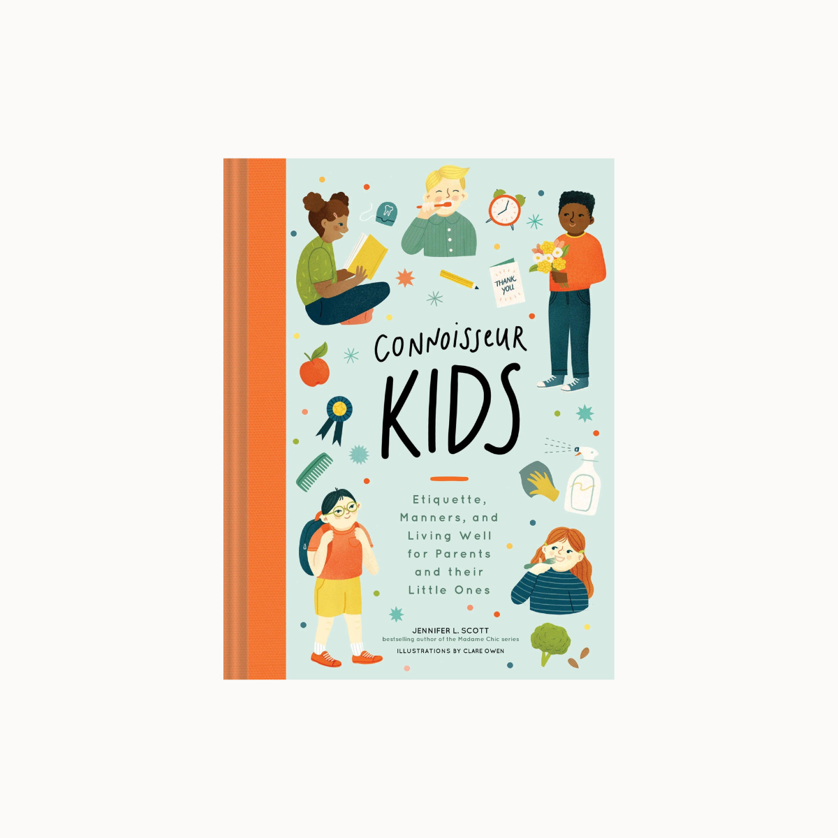 The front cover of the book 'Connoisseur Kids' by Jennifer Scott, featuring a light blue background with colorful cartoon illustrations of children and educational-themed doodles, with a bright orange spine band.