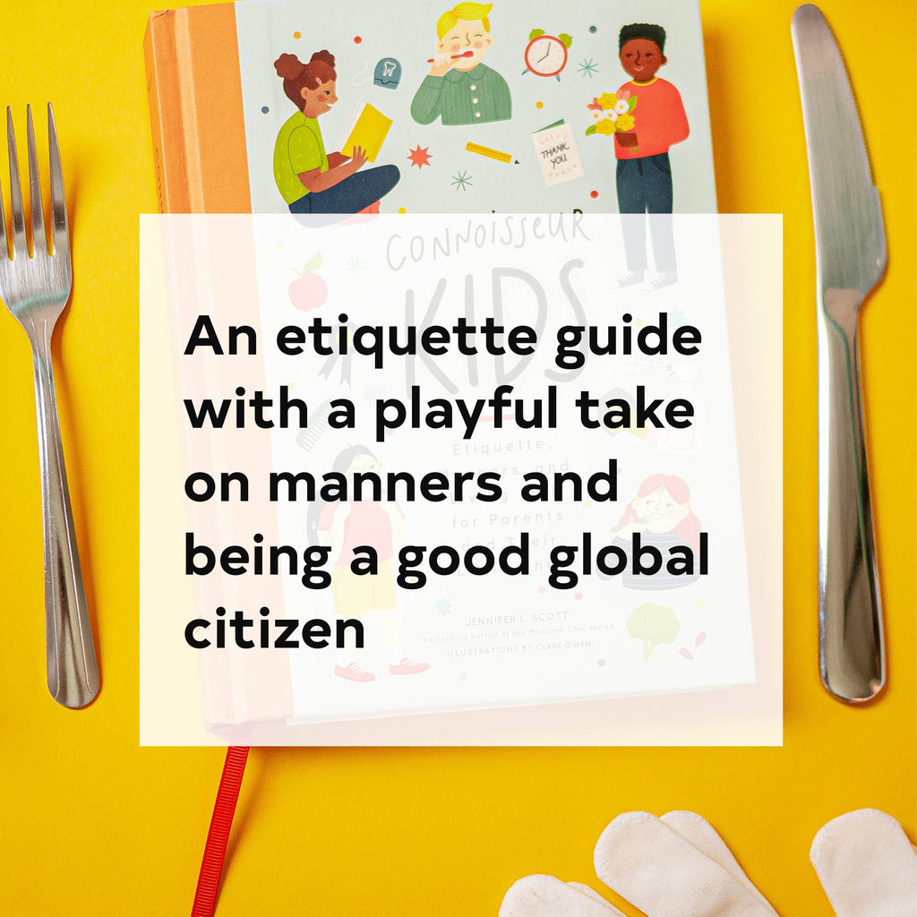 A children's etiquette book titled 'An etiquette guide with a playful take on manners and being a good global citizen' is displayed on a bright yellow background, styled with a fork on the left, a knife on the right, and white gloves at the bottom.