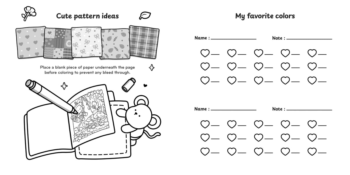 A black and white printable coloring/activity sheet with sections titled 'Cute pattern ideas' and 'My favorite colors.' The top shows small fabric pattern swatches, the middle includes an illustration of an open notebook with a crayon and mouse, and the right side has lines for writing names and notes with rows of heart shapes.