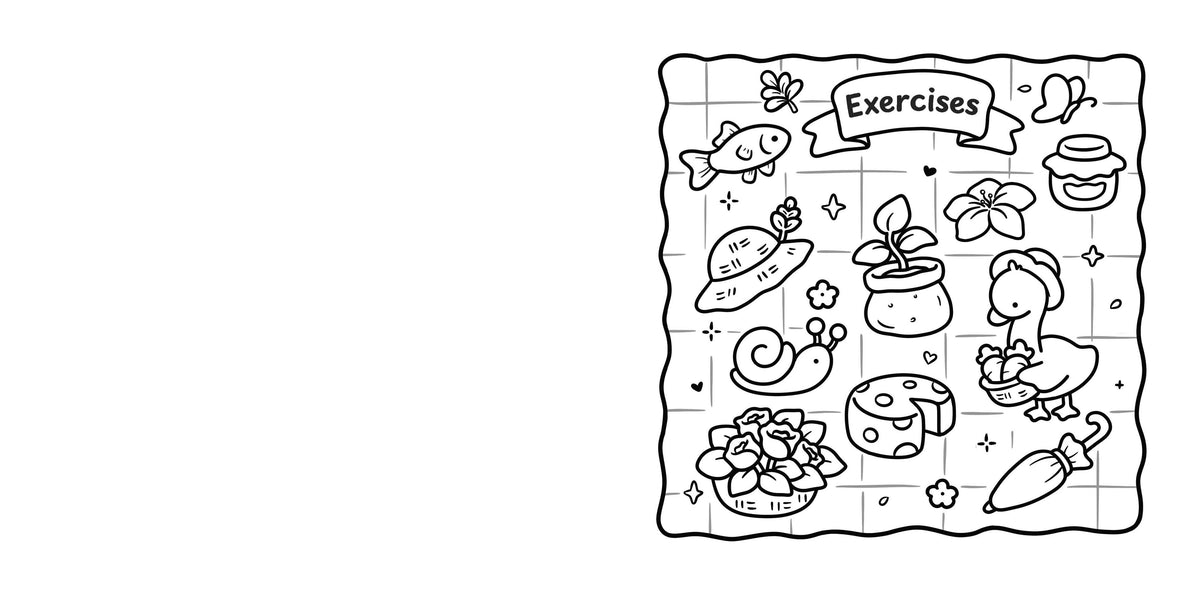 A black and white cartoon-style illustration on a white background, featuring a square grid with doodled exercise-themed icons such as a fish, butterfly, flower, mushroom, plant, snail, duck, cheese wheel, and a banner reading "Exercises.".
