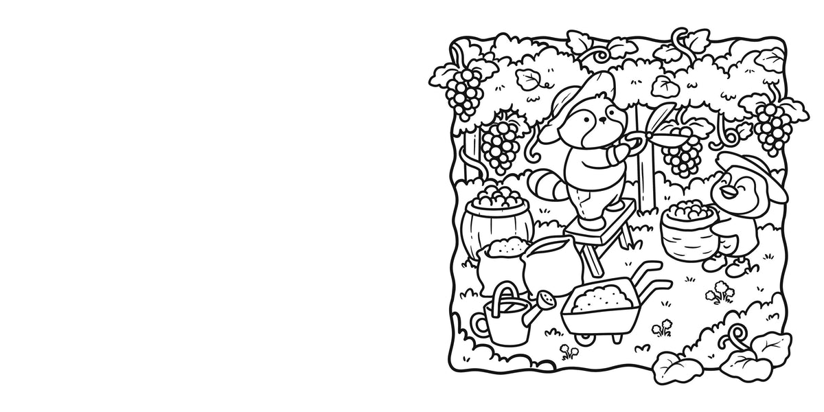 Black and white line art illustration of a cartoon pig gardening on a vineyard, with grapevines, buckets, a watering can, and a wheelbarrow on a plain white background.