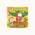 Cozy Farm coloring book cover by Belly Bean Co., featuring a cute cartoon illustration of two white rabbits harvesting red apples from a tree on a sunny farm.