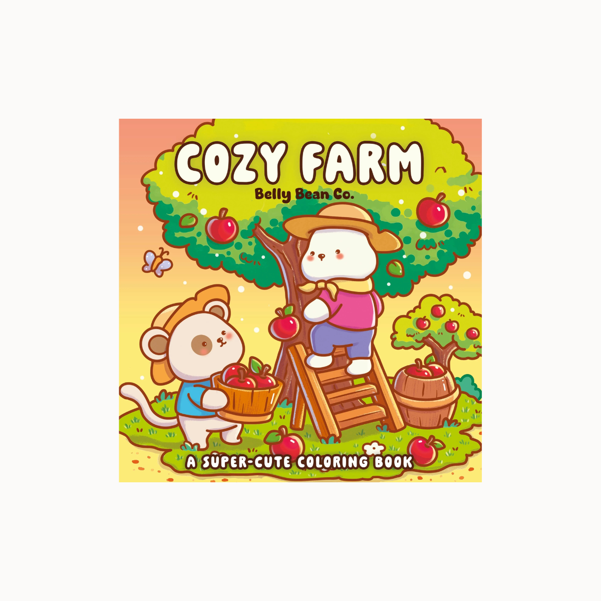 Cozy Farm coloring book cover by Belly Bean Co., featuring a cute cartoon illustration of two white rabbits harvesting red apples from a tree on a sunny farm.