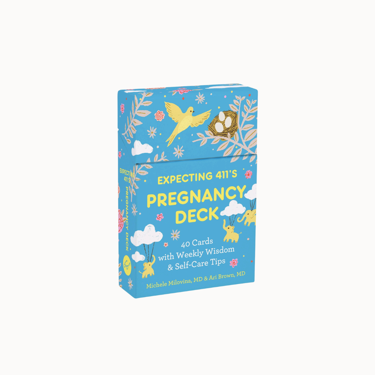 A boxed card deck titled "Expecting 411's Pregnancy Deck" shown on a plain light background. The box is light blue with yellow title text and illustrated birds, flowers, clouds, and small animal motifs.