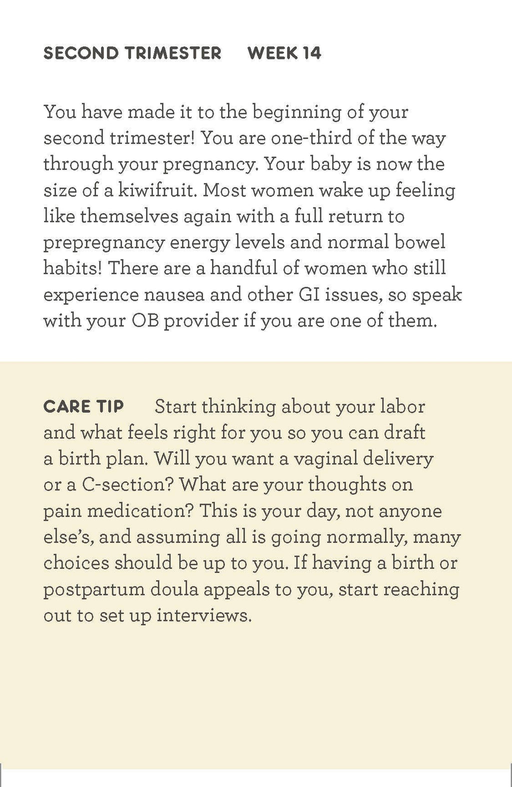 A text-based informational card with the heading 'SECOND TRIMESTER WEEK 14' at the top, followed by paragraphs of pregnancy support advice, and a 'CARE TIP' section on a pale beige background.