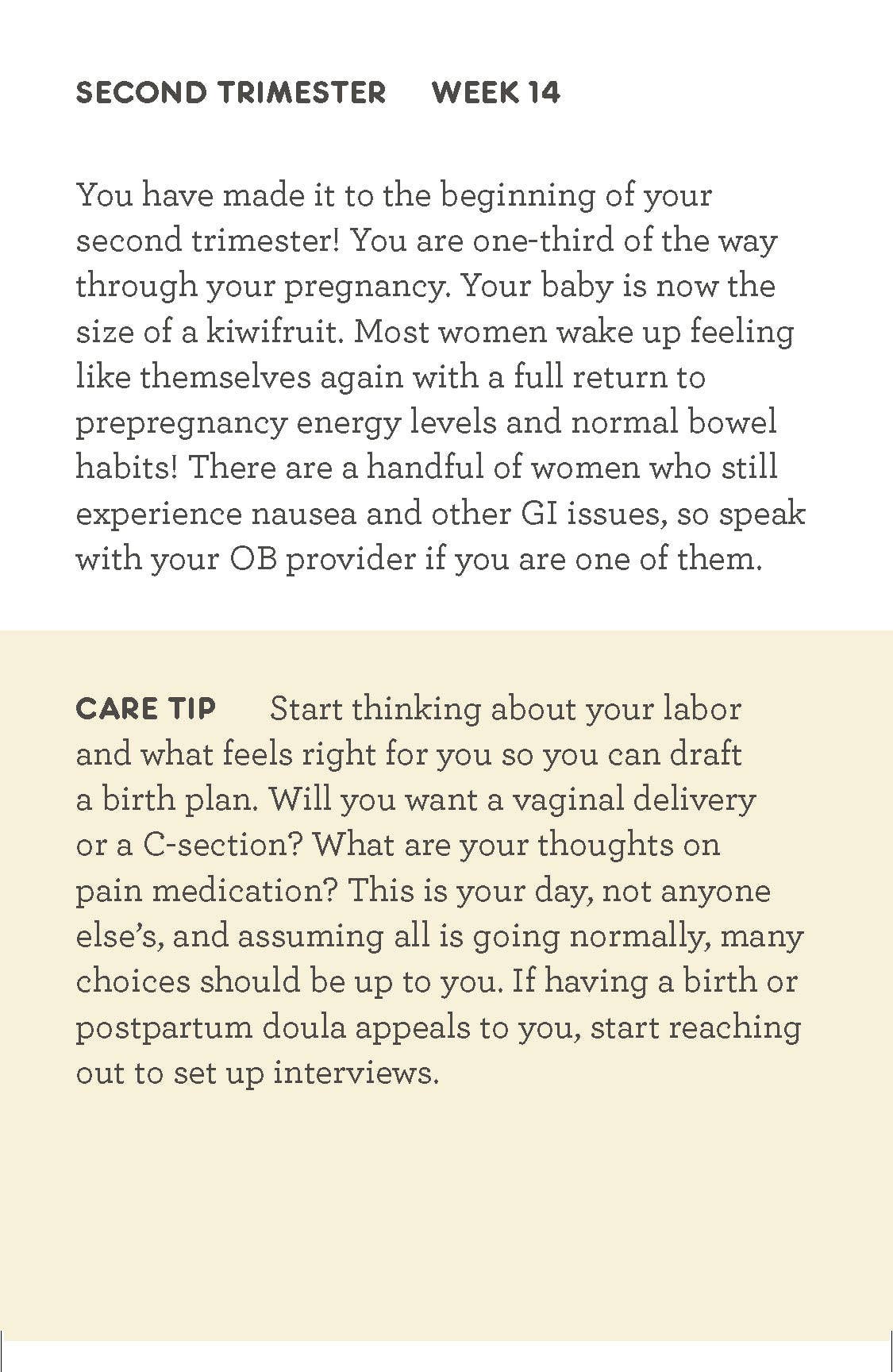 A text-based informational card with the heading 'SECOND TRIMESTER WEEK 14' at the top, followed by paragraphs of pregnancy support advice, and a 'CARE TIP' section on a pale beige background.