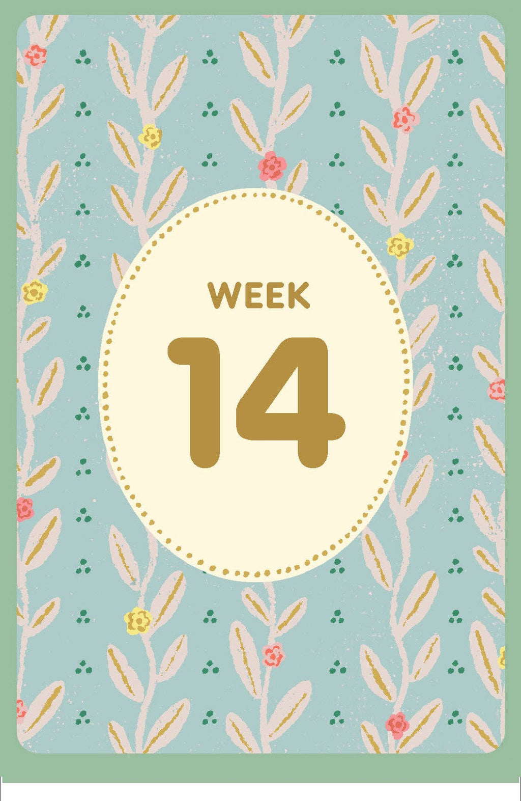 Calendar page with 'Week 14' on a decorative background with floral patterns.