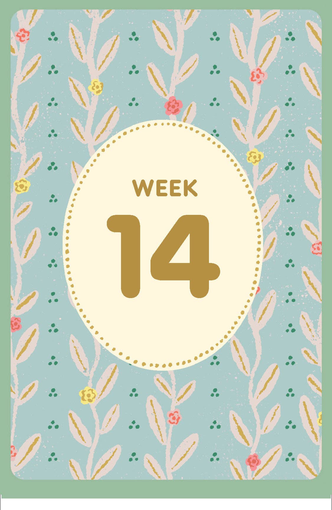 Calendar page with 'Week 14' on a decorative background with floral patterns.