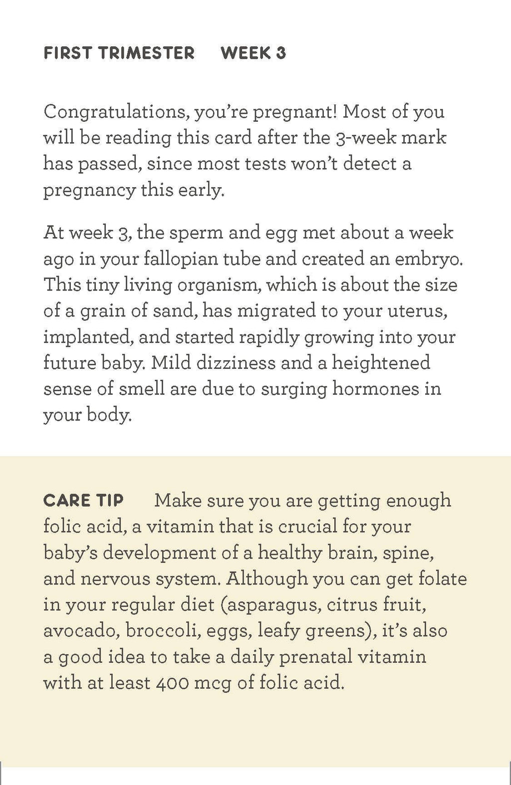 A text-based informational card for a pregnancy check-in, titled 'FIRST TRIMESTER WEEK 3,' with two paragraphs of black text on a white background and a pale beige section at the bottom containing a care tip.