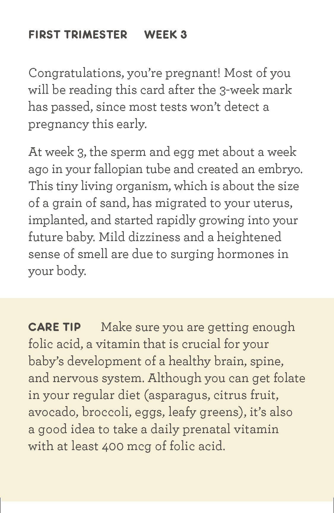 A text-based informational card for a pregnancy check-in, titled 'FIRST TRIMESTER WEEK 3,' with two paragraphs of black text on a white background and a pale beige section at the bottom containing a care tip.