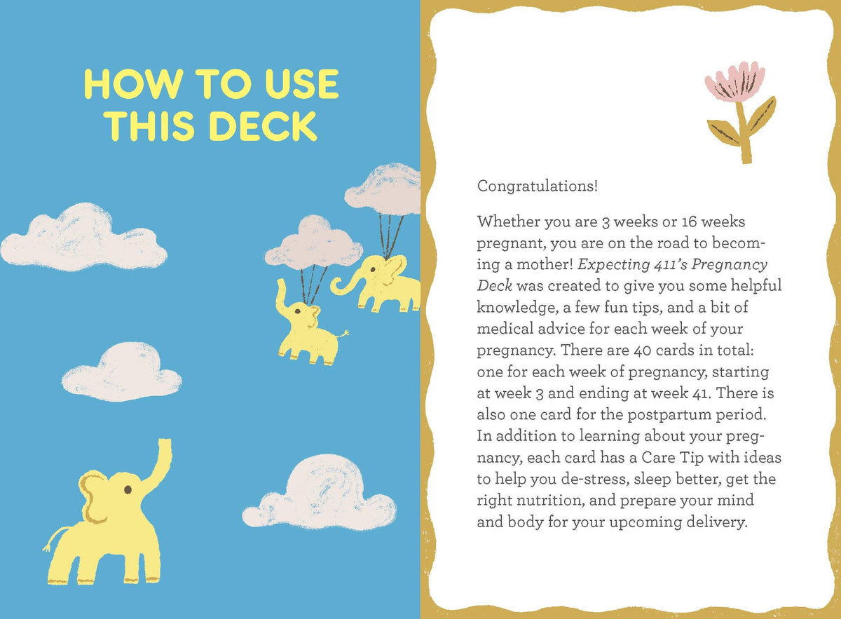 Instructions for using a pregnancy deck with elephants and clouds on a blue background