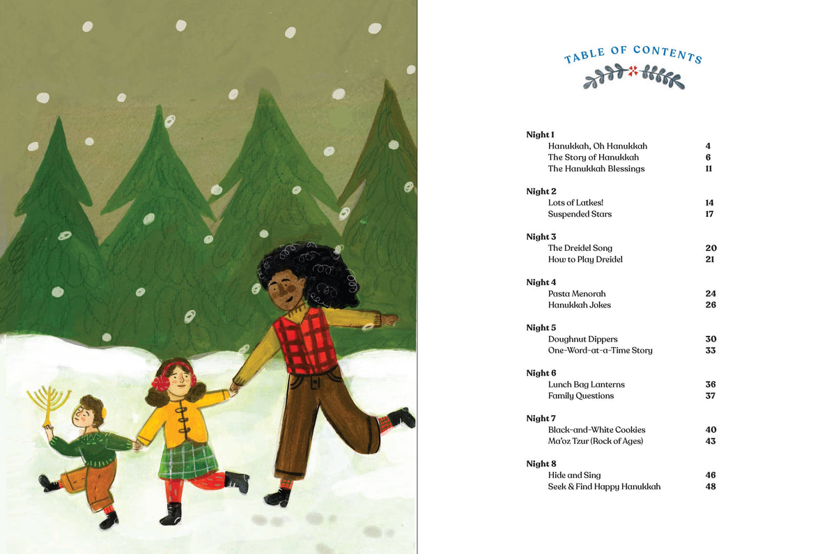 An illustrated table of contents spread from a children's book. The left page shows a snowy winter scene with pine trees, two children, and an adult woman holding hands with them.
