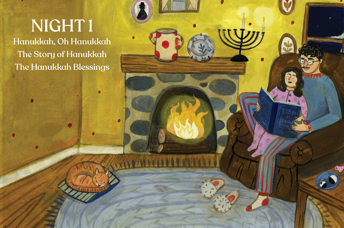 Illustrated book cover of 'Night 1: Hanukkah, Oh Hanukkah' with a family by a fireplace.