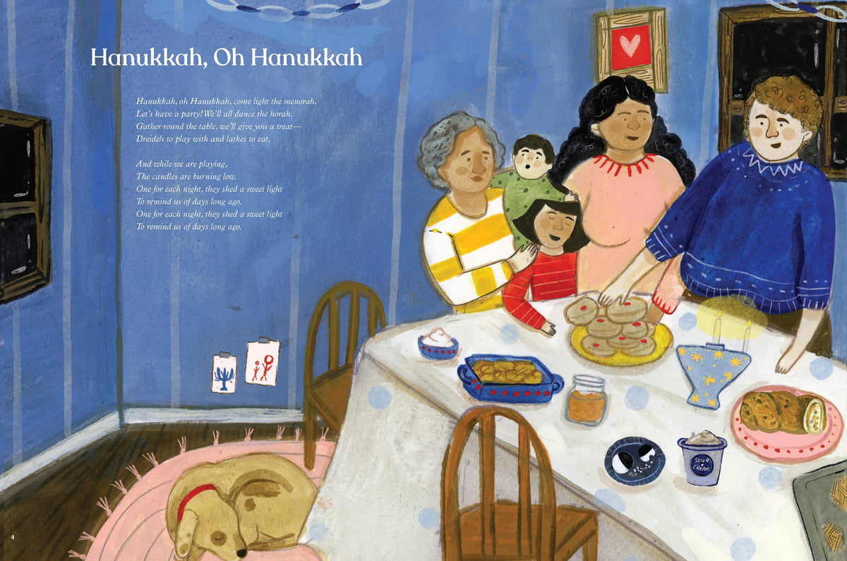 Illustrated book-style page titled 'Hanukkah, Oh Hanukkah' showing a family gathered around a table with food, alongside a dog on a blanket and printed text on the left.