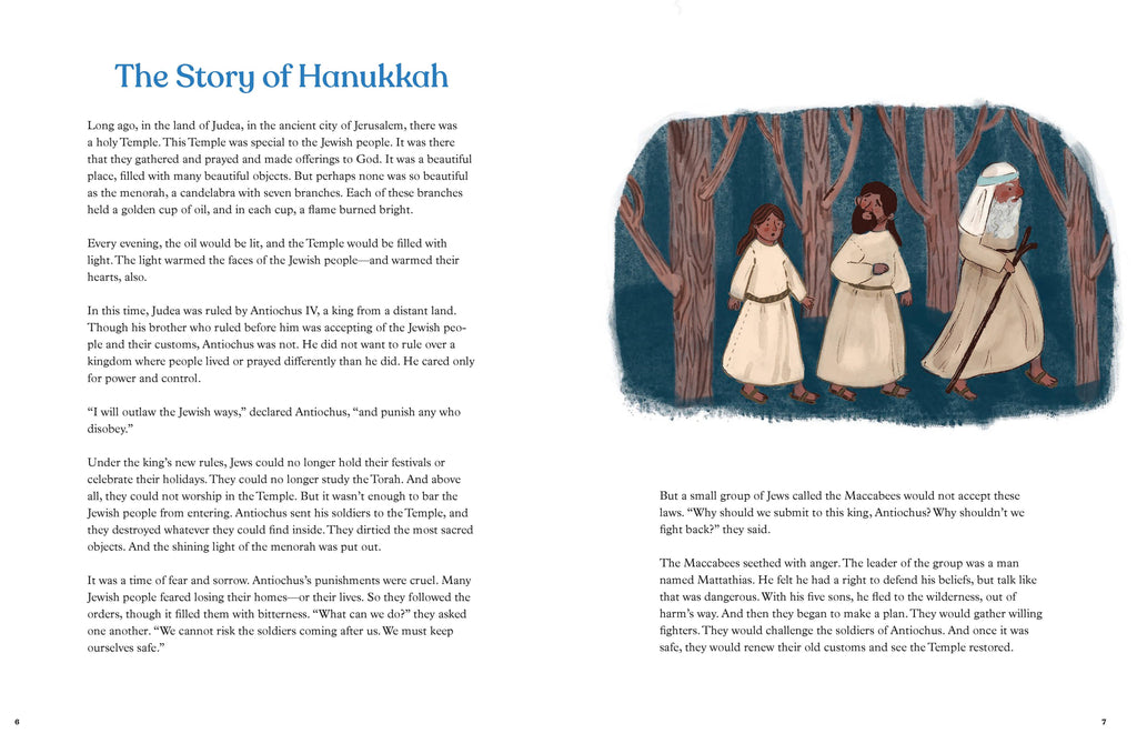 Book page with text and illustration of people in a forest setting