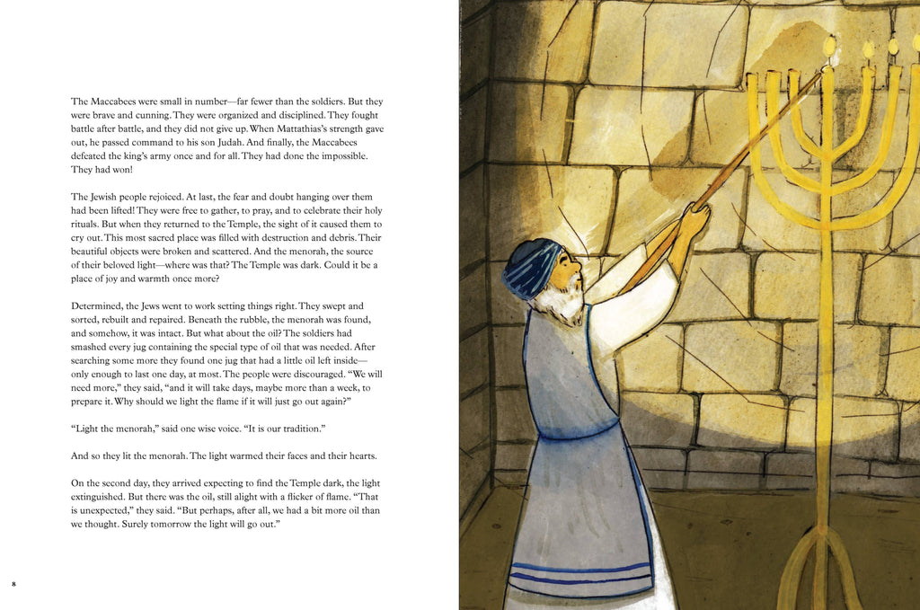 Illustration of a person lighting a menorah against a stone wall background