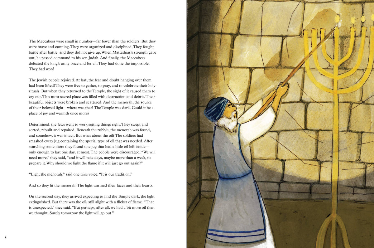 Illustration of a person lighting a menorah against a stone wall background