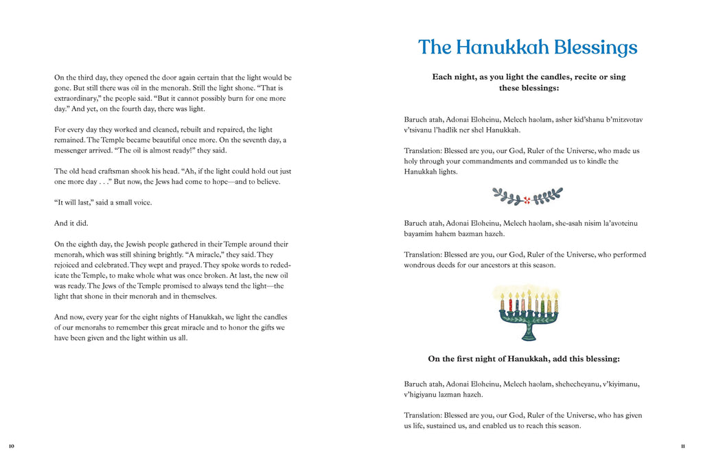 A printed page titled 'The Hanukkah Blessings' with English and Hebrew text, blue headings, a small decorative wreath illustration, and a small Hanukkah menorah illustration on a white page.