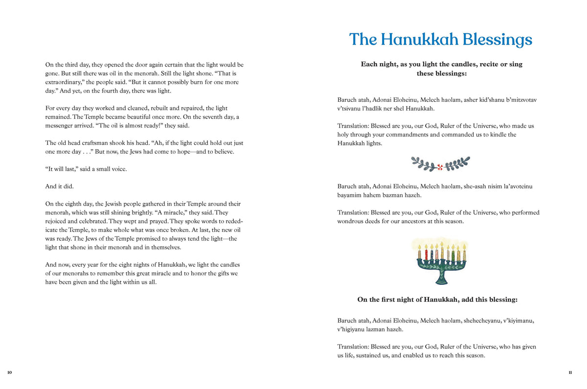 A printed page titled 'The Hanukkah Blessings' with English and Hebrew text, blue headings, a small decorative wreath illustration, and a small Hanukkah menorah illustration on a white page.