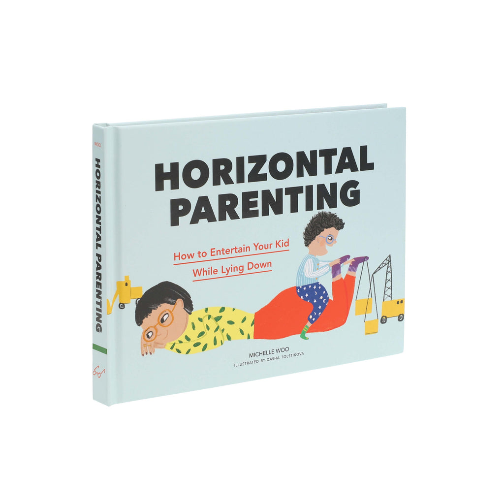 Book titled 'Horizontal Parenting' with illustrations on a light blue background