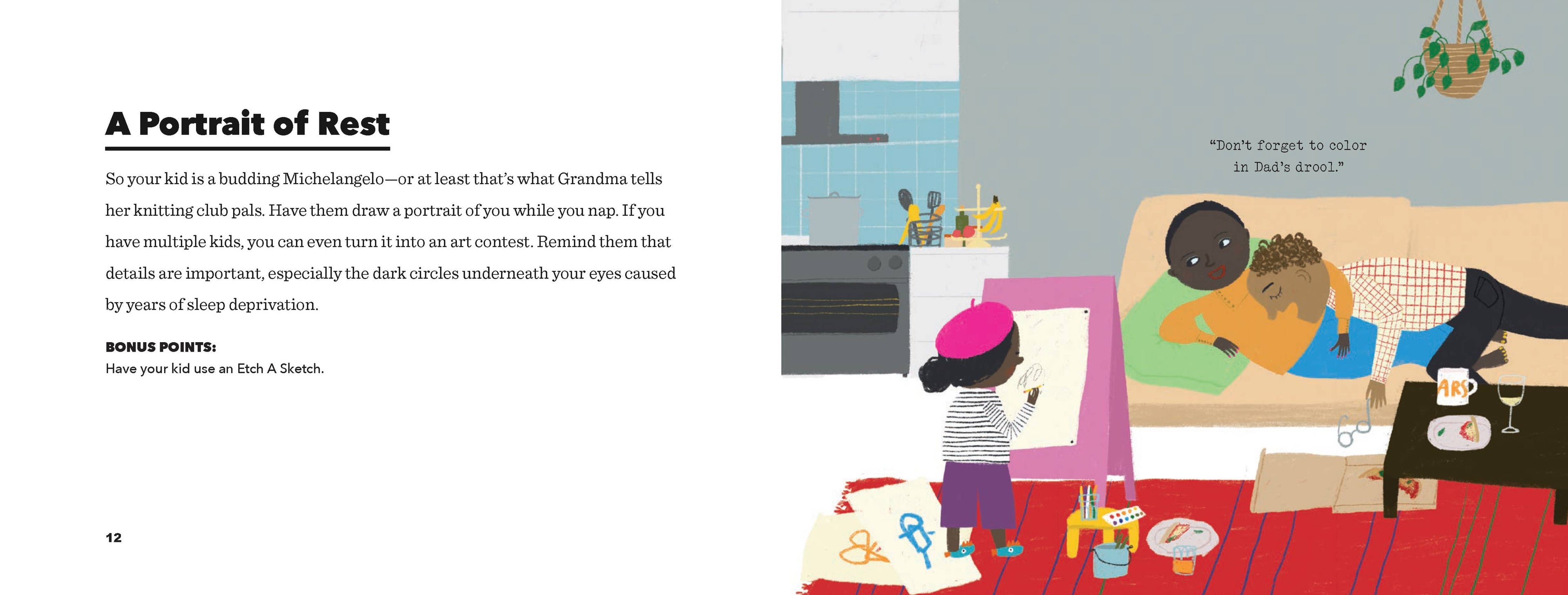 Illustration of children playing on a couch with text about a 'Portrait of Rest'.