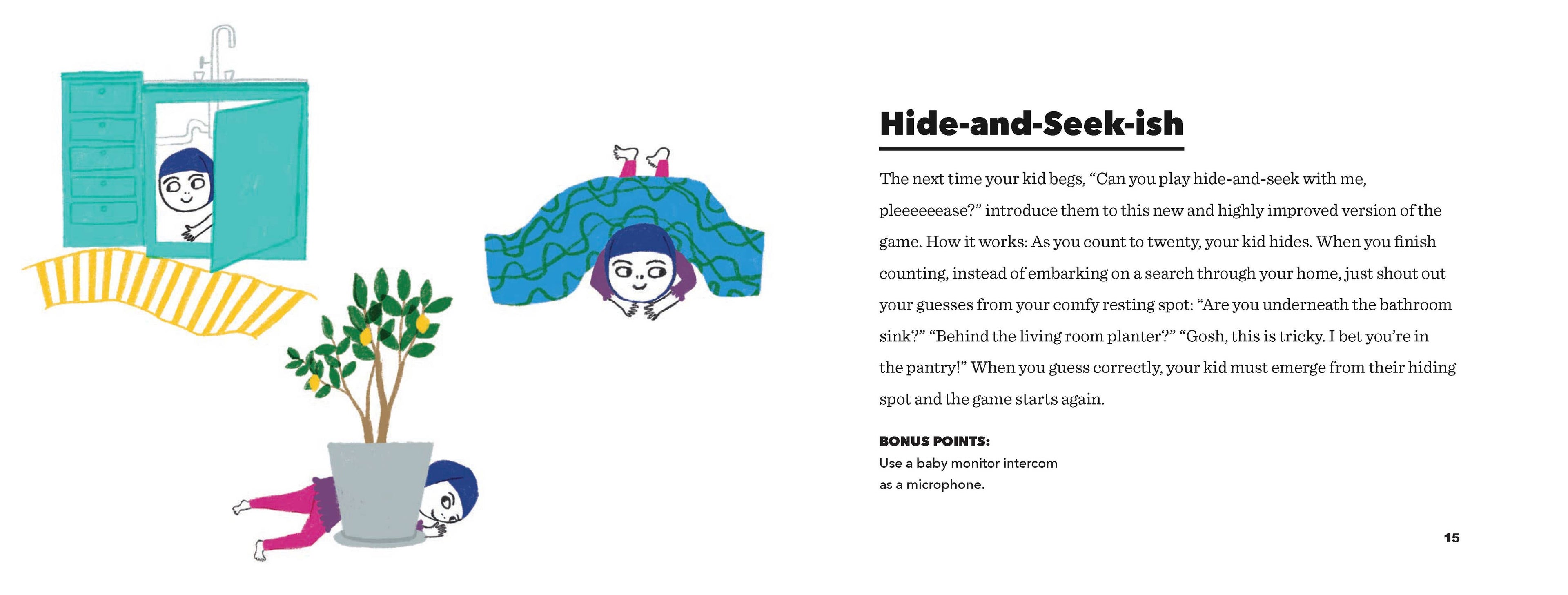 Illustrations of children playing hide-and-seek with text on a white background