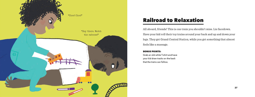 Illustration from a children's book showing two characters with text about 'Railroad to Relaxation'.