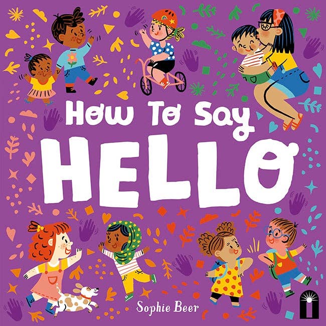 Book cover of 'How To Say Hello' with colorful illustrations of children on a purple background.
